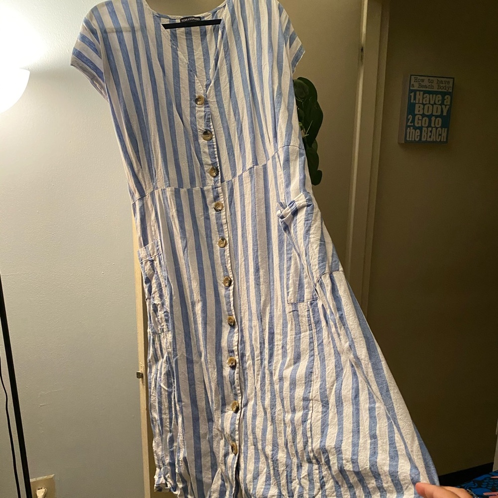 Cotton/linen plus size striped midi dress